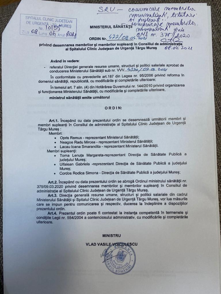 DOCUMENTE. Vlad Voiculescu sabotează politic concursul de manager de la Spitalul Târgu Mureș 702378