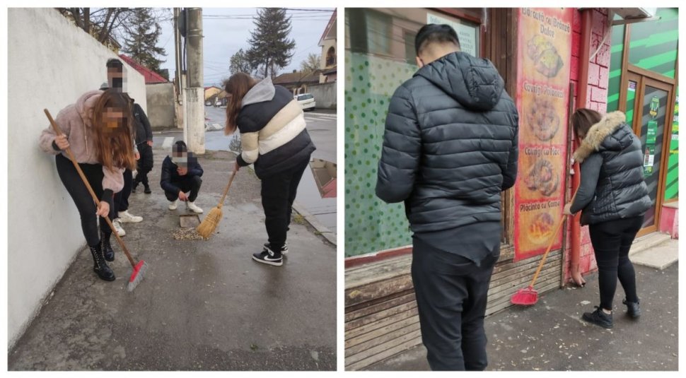Tineri constănțeni, puși să curețe trotuarul după ce au spart semințe și au aruncat cojile pe jos