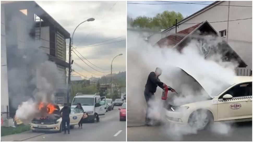 Un taxi a fost cuprins de flăcări uriaşe în plină stradă, la Cluj-Napoca
