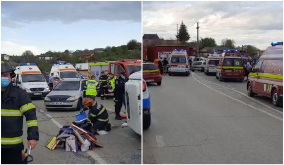 13 persoane au ajuns la spital, după un accident în care au fost implicate un microbuz și un autotren