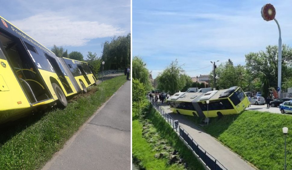 Un autobuz cu pasageri a ieșit de pe șosea și s-a răsturnat pe malul unui râu în Sibiu