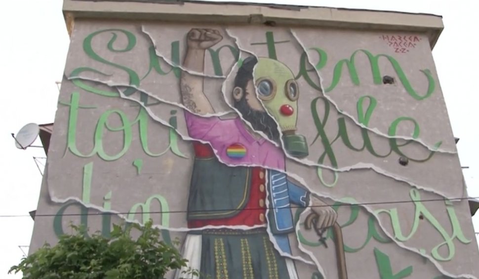 Momente din pandemie, pictate pe fațadele blocurilor din Târgu Jiu
