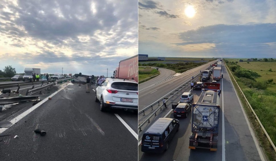 Trafic deviat și pericol de explozie pe Autostrada București-Pitești: O dubă care transporta ulei uzat s-a răsturnat pe șosea