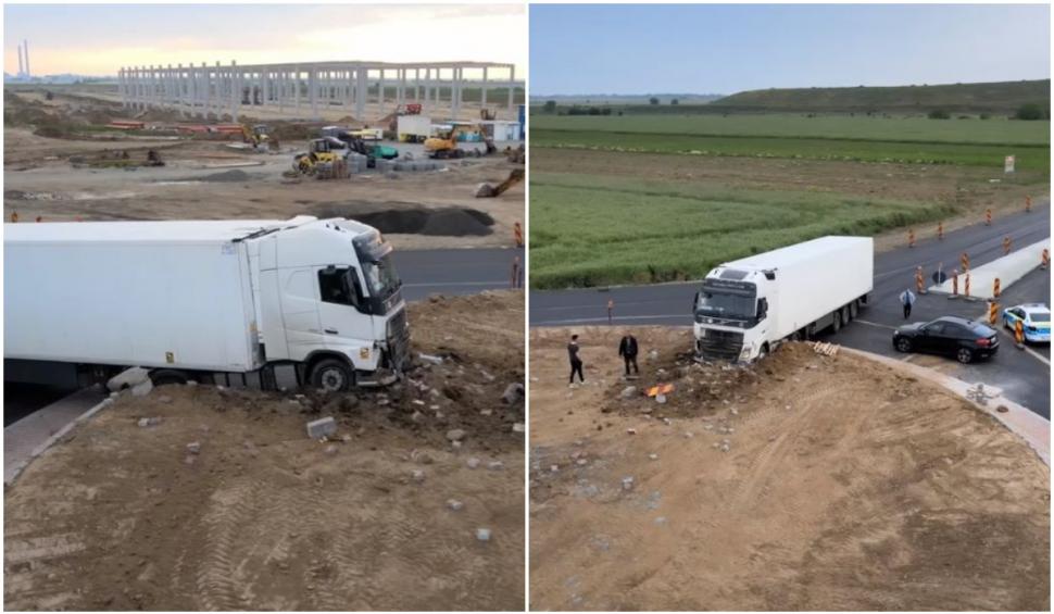 Un TIR cu numere de Polonia a intrat într-un sens giratoriu, în apropiere de Timișoara