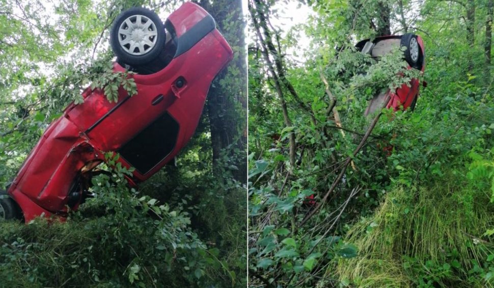 Un tânăr din Argeş a reuşit să urce un Logan în copaci, după un accident în Hârseşti