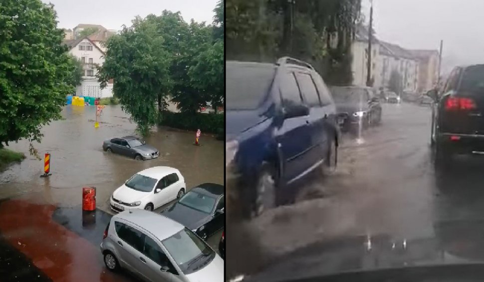 Prăpăd pe mai multe străzi din Sibiu în urma ploilor torenţiale 