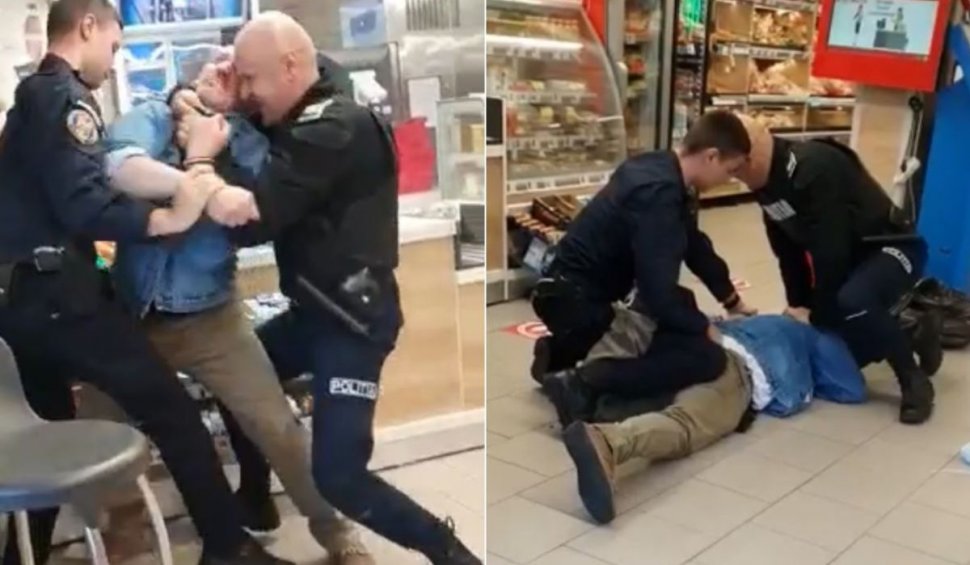 Un bărbat din Sibiu a intrat într-un magazin cu un cuţit în mână şi s-a luptat minute în şir cu doi poliţişti