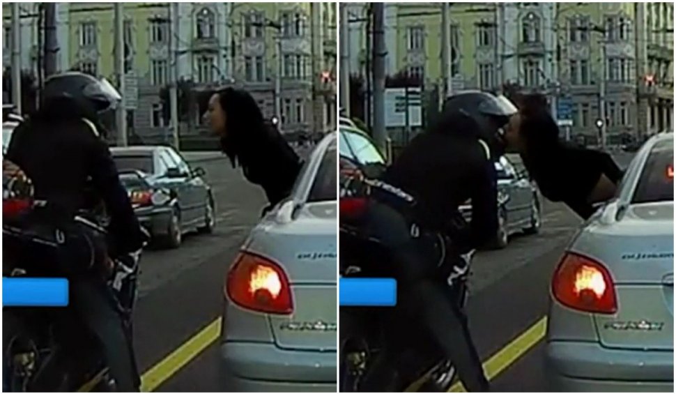 Un motociclist și o șoferiță, sărut romantic în timp ce așteptau la un semafor din Cluj