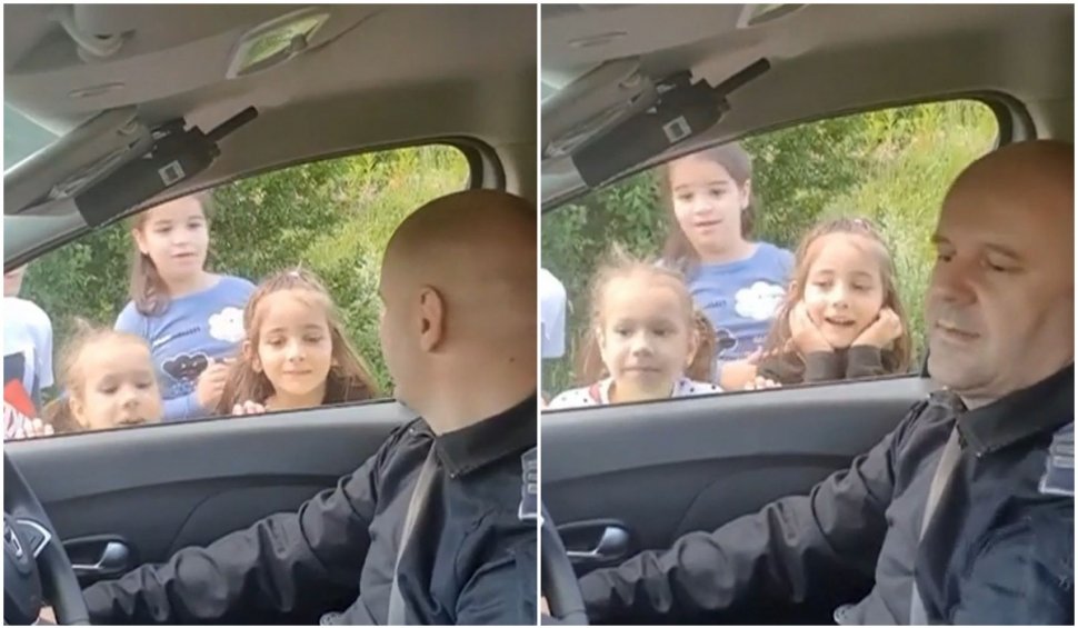 Un polițist din Sibiu a cucerit inimile copiilor după ce le-a arătat cum funcționează semnalul sonor al autospecialei