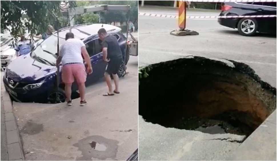 Șoferiță căzută cu mașina într-un crater imens după ce asfaltul unui bulevard din Craiova s-a surpat