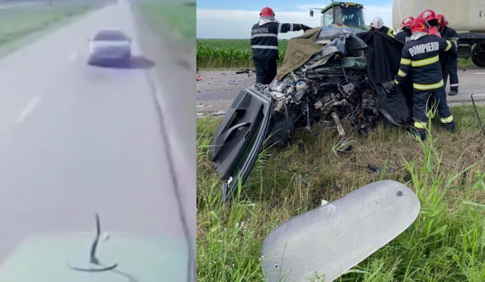 O mașină intră cu viteză pe contrasens și este spulberată de un tractor. Camera montată pe bord surprinde momentul impactului