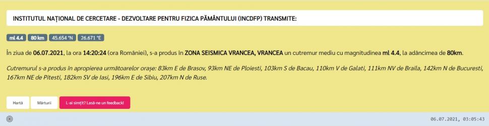 Cutremur resimţit în mai multe oraşe din România, la o adâncime de 80 de kilometri 715093