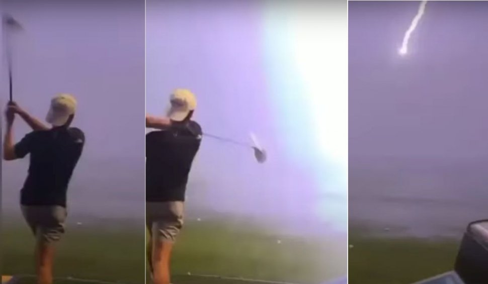Momentul în care mingea lansată de un jucător de golf cu peste 140 km/h este lovită de fulger