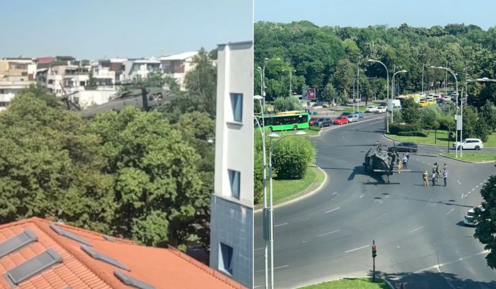 Elicopterul militar, filmat cu câteva minute înainte de aterizarea forţată în sensul giratoriu de la Aviatorilor, din București 