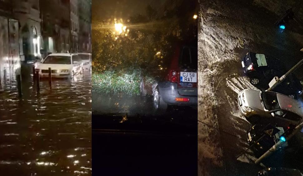 Inundații în Cluj-Napoca, după o furtună de 30 de minute. Mașini sub apă, copaci căzuți, cabluri de electricitate rupte