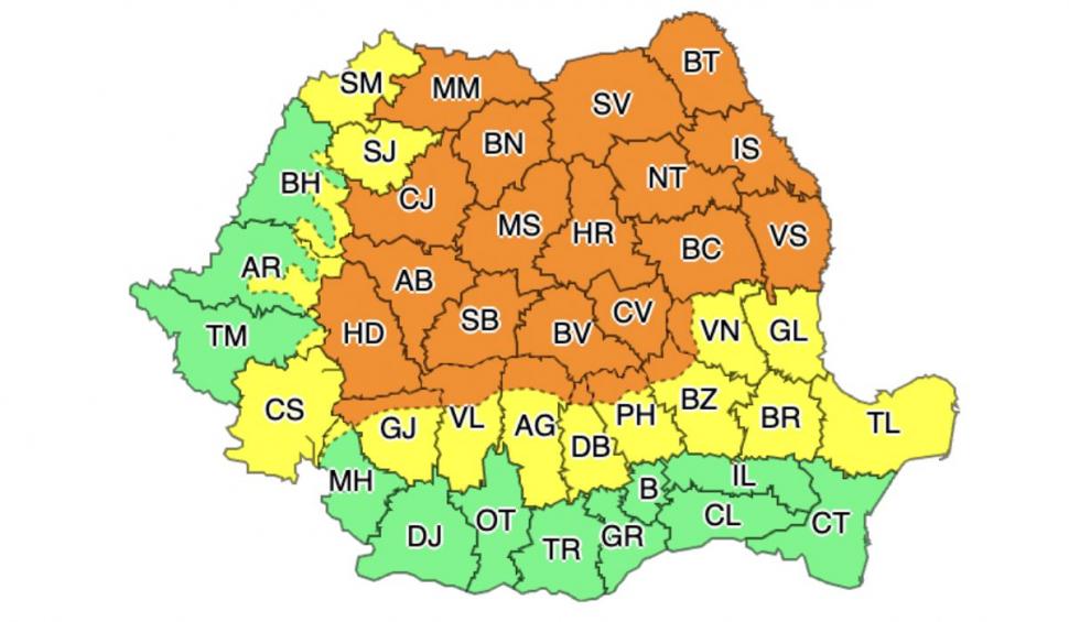 Cod portocaliu și galben de ploi torențiale, vijelii și grindină în jumătate de țară 717675
