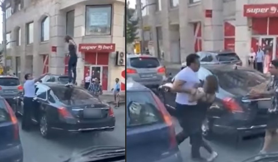 O femeie s-a urcat pe o masină de lux oprită la semafor în Bucureşti şi a început să danseze