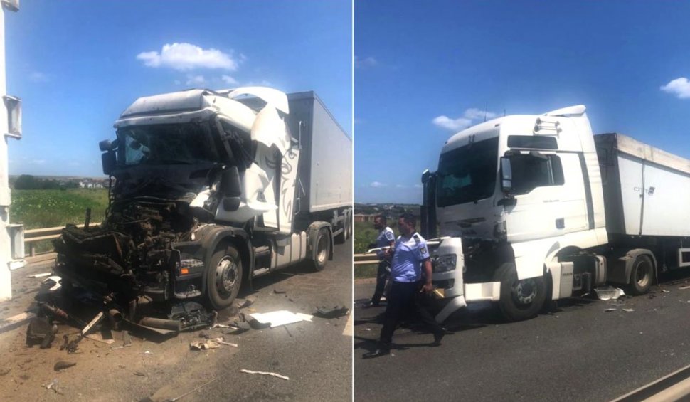 Trei camioane, accident devastator pe autostrada A4, în Constanţa