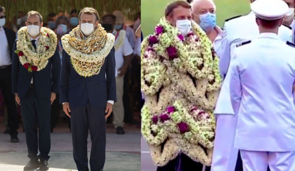 Emmanuel Macron, îmbrăcat cu flori, într-o vizită oficială. Internauții au modificat pozele și au glumit pe seama președintelui francez