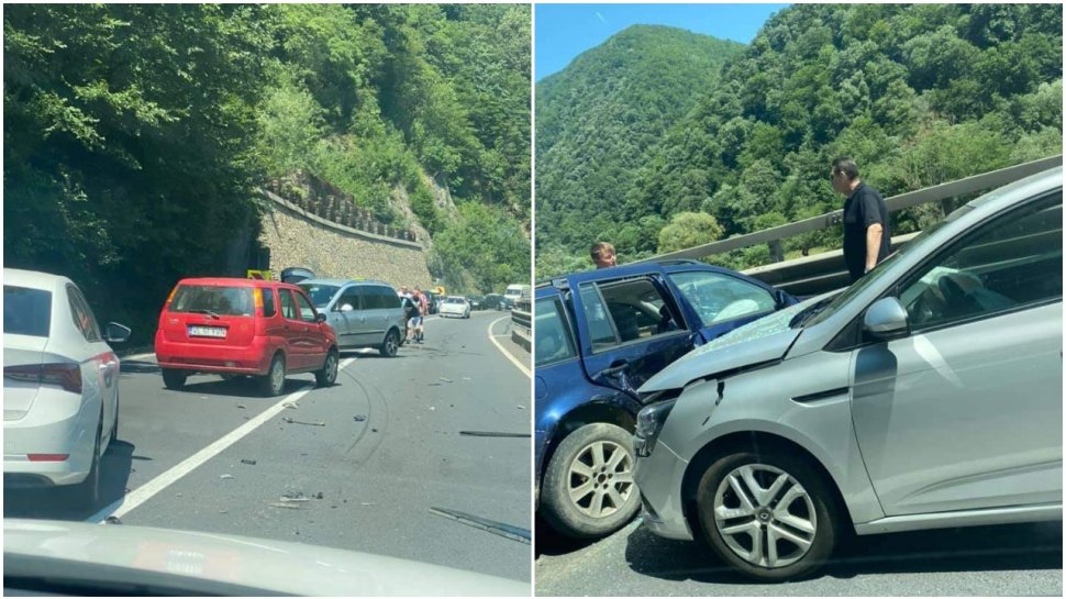 Accident cu 4 mașini, la limita dintre județele Sibiu și Vâlcea. Un şofer a intrat cu maşina pe cotrasens. Traficul este blocat