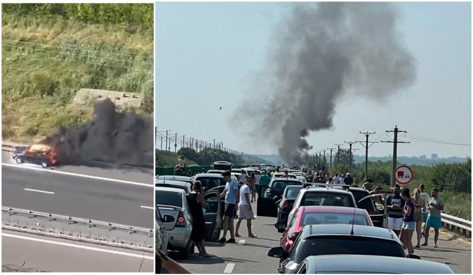 Blocaj pe Autostrada Soarelui, după ce o mașină a ars ca o torță, pe sensul spre București