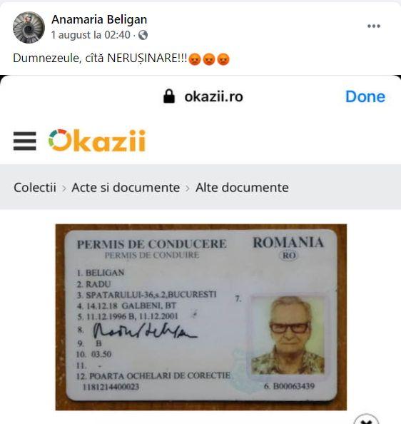 Permisul de conducere al lui Radu Beligan, scos la vânzare pe un site. Fiica actorului: "Dumnezeule, câtă nerușinare!" 720223