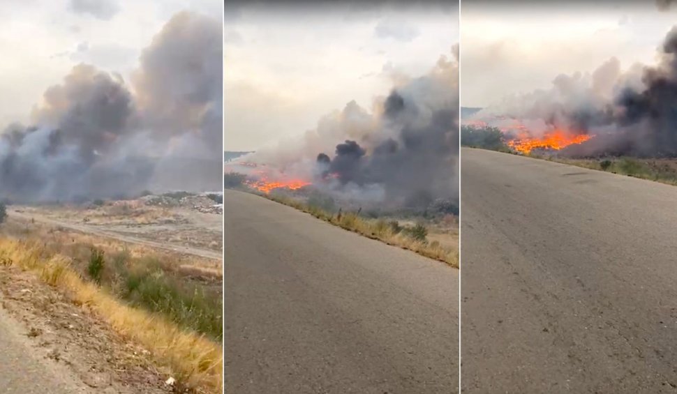 Incendiu puternic izbucnit la un depozit ecologic din Mehedinți. Focul, extins pe o suprafață de 1 kilometru