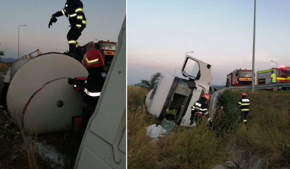 Zeci de tone de lapte s-au scurs pe câmp, accident cu şofer încarcerat pe autostrada A1, la Ilia