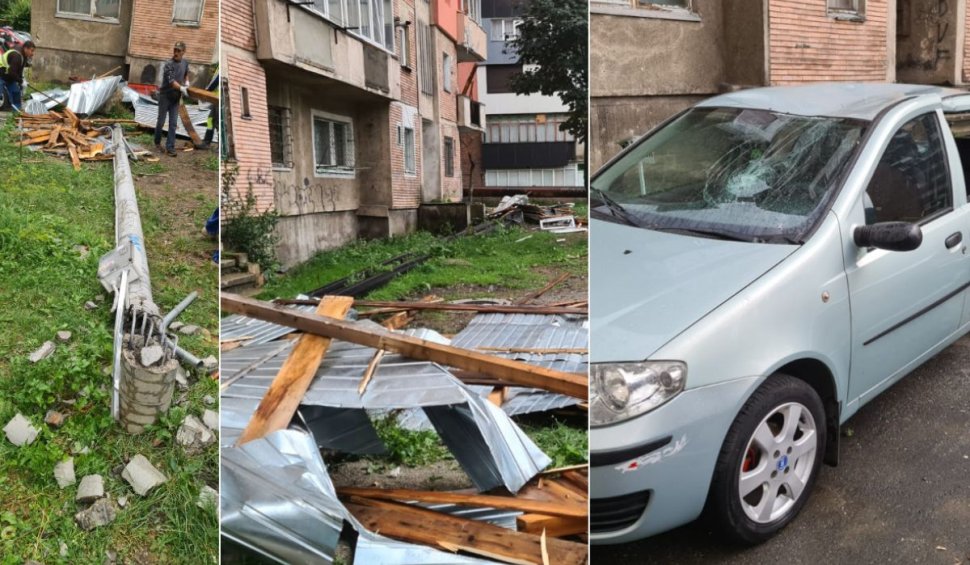 Vijeliile au făcut ravagii în Hunedoara: Acoperișuri și balcoane distruse, stâlpi căzuți și mașini avariate