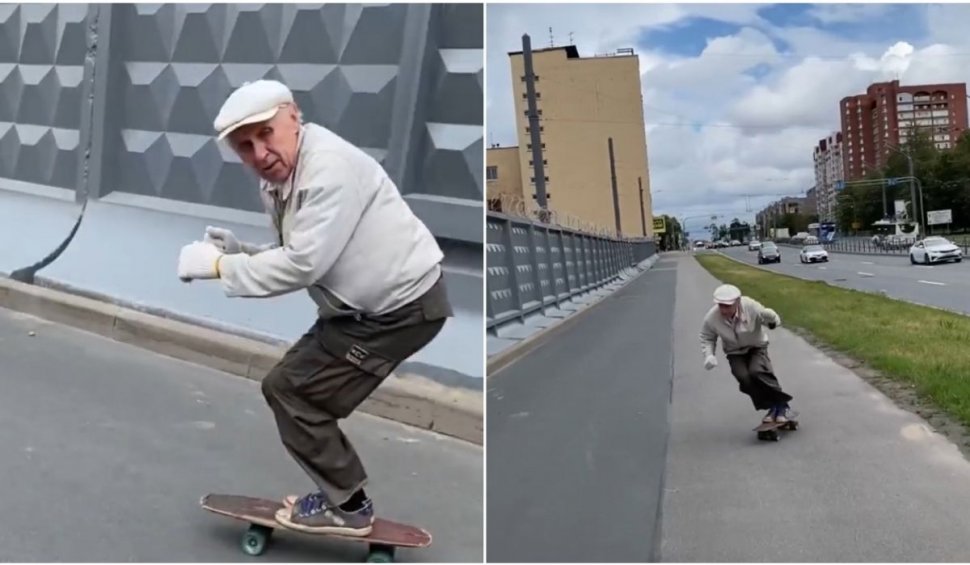 Imagini cu un bătrânel care face senzație pe internet cu trucurile lui pe skateboard, la vârsta de 73 de ani