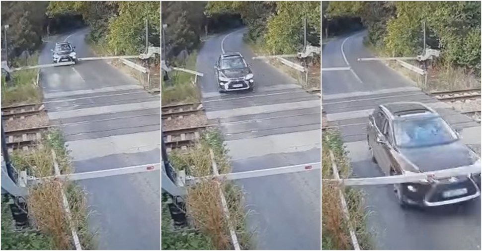 Momentul în care un şofer în viteză rupe barierele de la trecerea peste calea ferată. "Încă nu ajunsese trenul de Constanţa care circulă cu 160 km/h"
