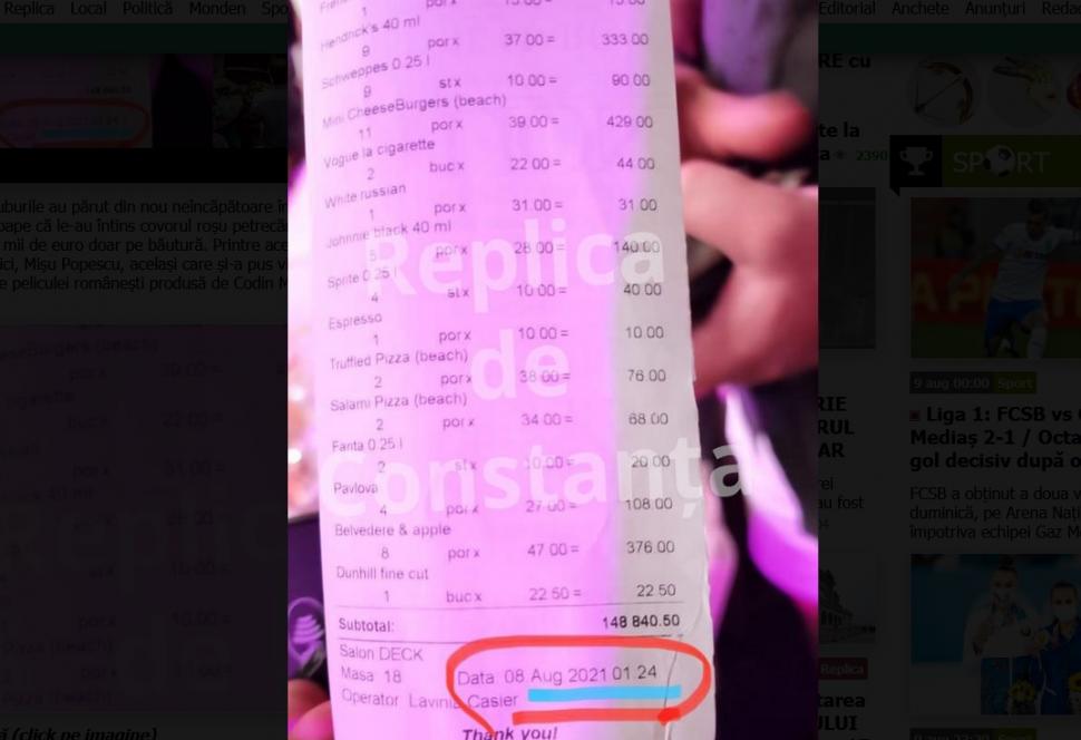 Nota de plată astronomică primită de un client al unui club de fițe din Mamaia. Doar bacșișul la așa o sumă l-ar pricopsi pe orice ospătar 721152