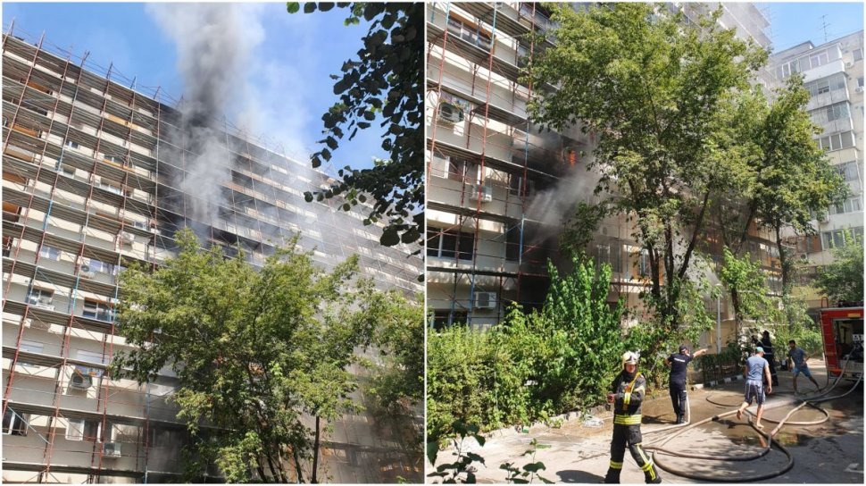 Incendiu puternic într-un bloc din Capitală. Familie cu un copil, captivă la etajul 6. Doi pompieri au ajuns la spital
