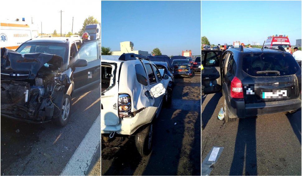 Carambol cu 6 autoturisme pe autostrada A1 București - Pitești. Două persoane au fost rănite
