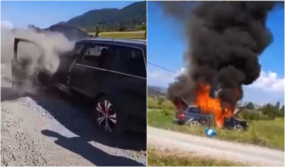 Momentul în care un Audi ia foc, iar şoferul şi pasagerii din maşină nu reuşesc să stingă vâlvătaia, la Maramureş