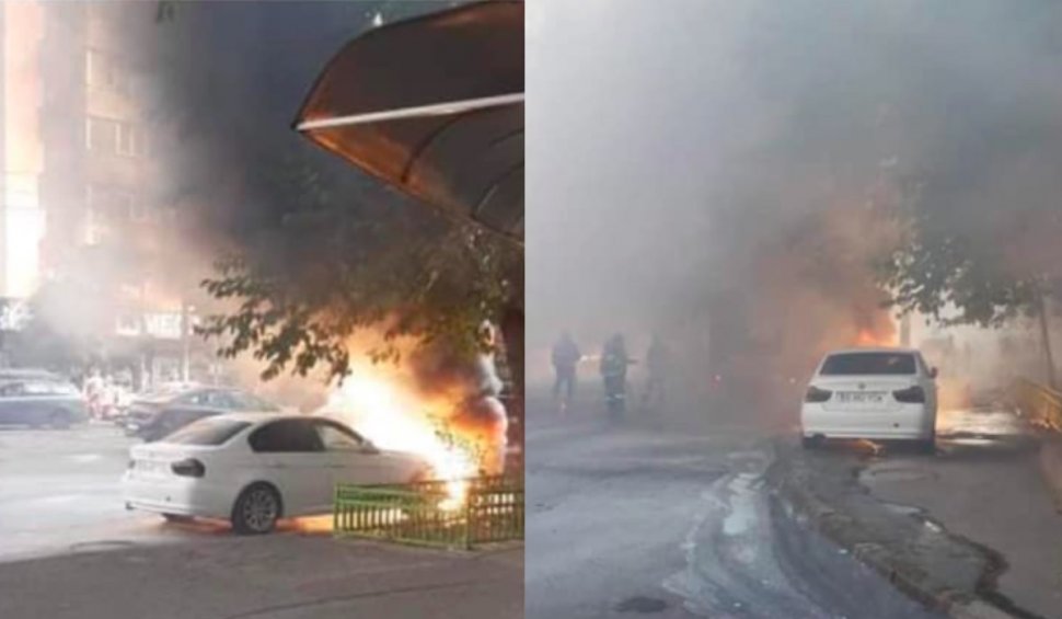 Mașină distrusă, într-o intersecție aglomerată din București, după ce o cutie cu echipamente ale STB a luat foc, iar flăcările s-au extins