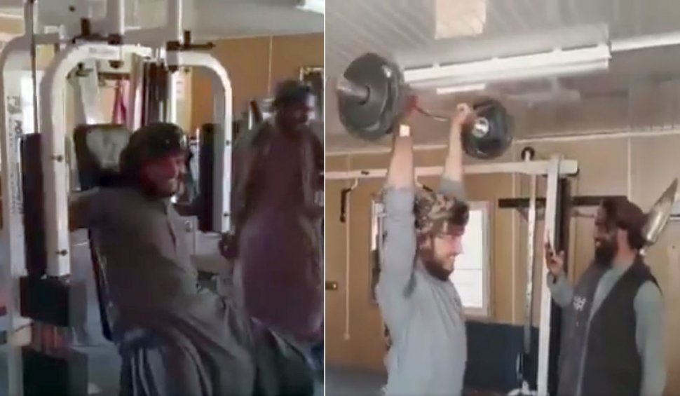 Cu AG-ul la fitness. Noi imagini virale cu talibani înarmați, probând aparatele din sala de forță