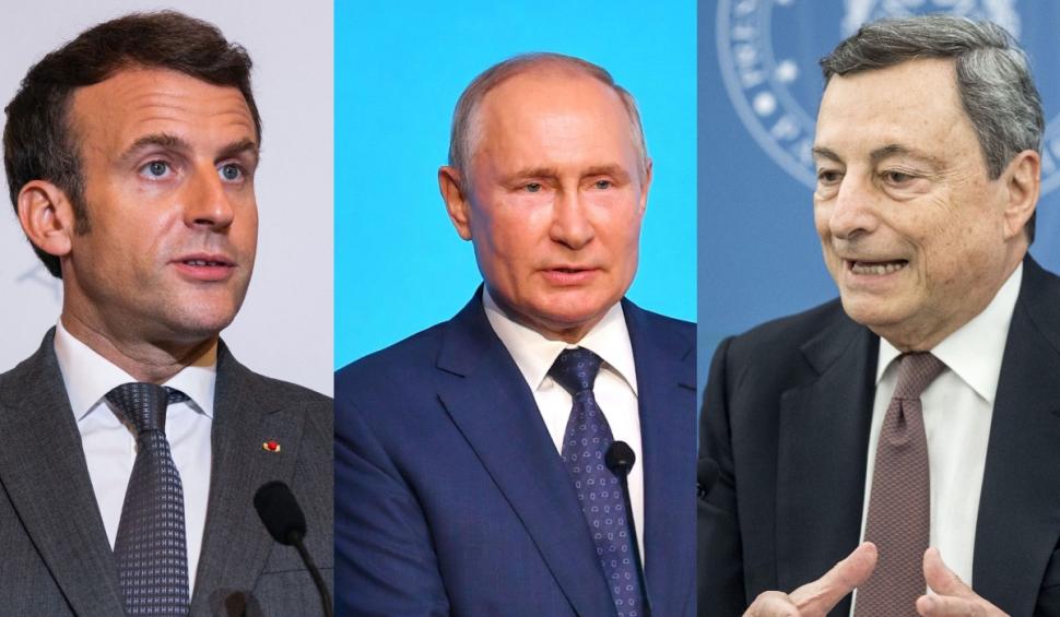 Emmanuel Macron, Vladimir Putin şi Mario Draghi, discuții despre criza din Afganistan