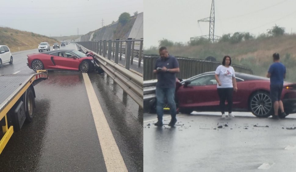 Bolid de lux nou-nouț distrus pe jumătate, după ce s-a izbit de parapet, pe autostrada A3, în Cluj