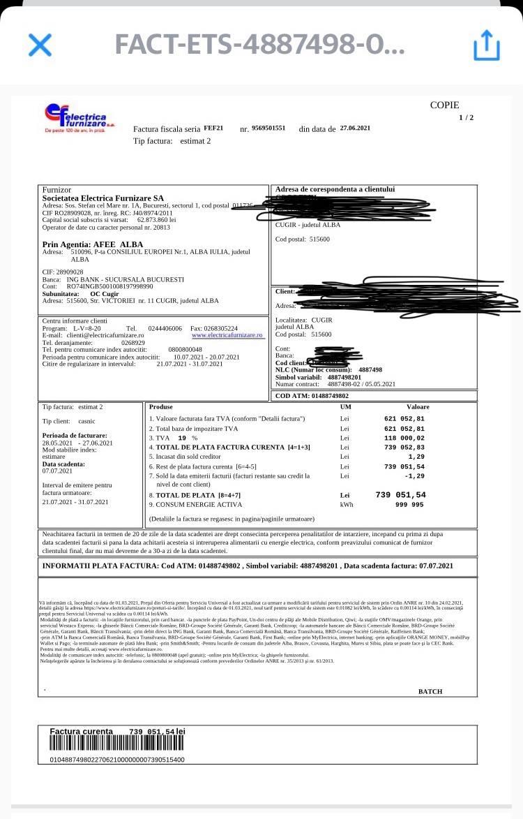 Factură la curent de 739.000 lei pentru un consum de aproape 1 milion de kWh, în Cugir, Alba 725063