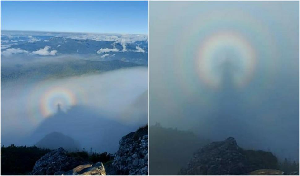 Fenomen rar în munţii Bucegi: imagini cu efectul Gloria sau "omul din nori"
