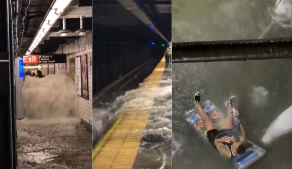 Apa năvălește într-o stație de metrou din New York. Un sinistrat pe saltea pufăie din narghilea, înconjurat de ape