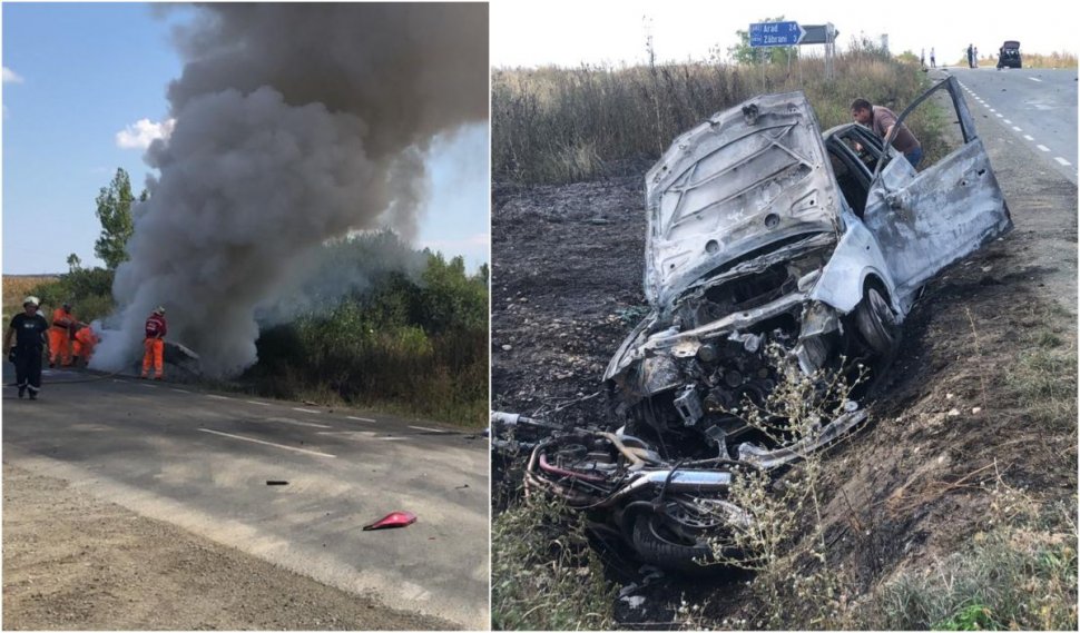 O motocicletă s-a izbit de o maşină pe drumul spre Arad şi a fost proiectată într-un alt autoturism care a luat foc