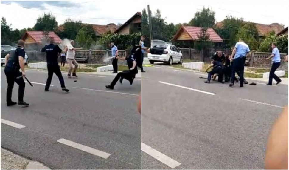 Bărbat pus la pământ de opt poliţişti, după ce a lovit un agent cu parul şi a distrus maşina de Poliţie, în Gorj