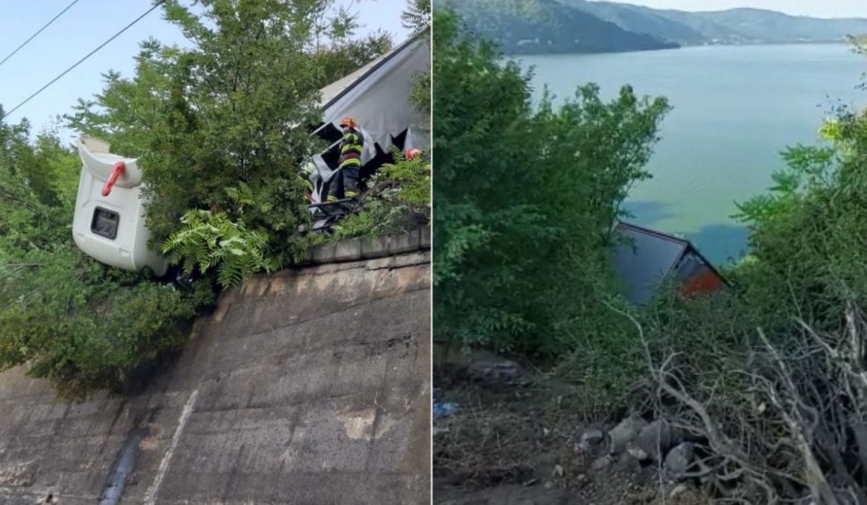 Şofer de TIR blocat în cabina distrusă şi agăţată de liniile de înaltă tensiune, accident la ieşire din Orşova