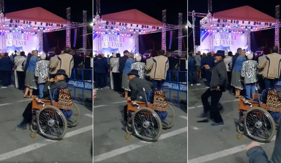 Bărbat în scaun cu rotile, filmat când se ridică şi începe să danseze la Zilele Oraşului Deva