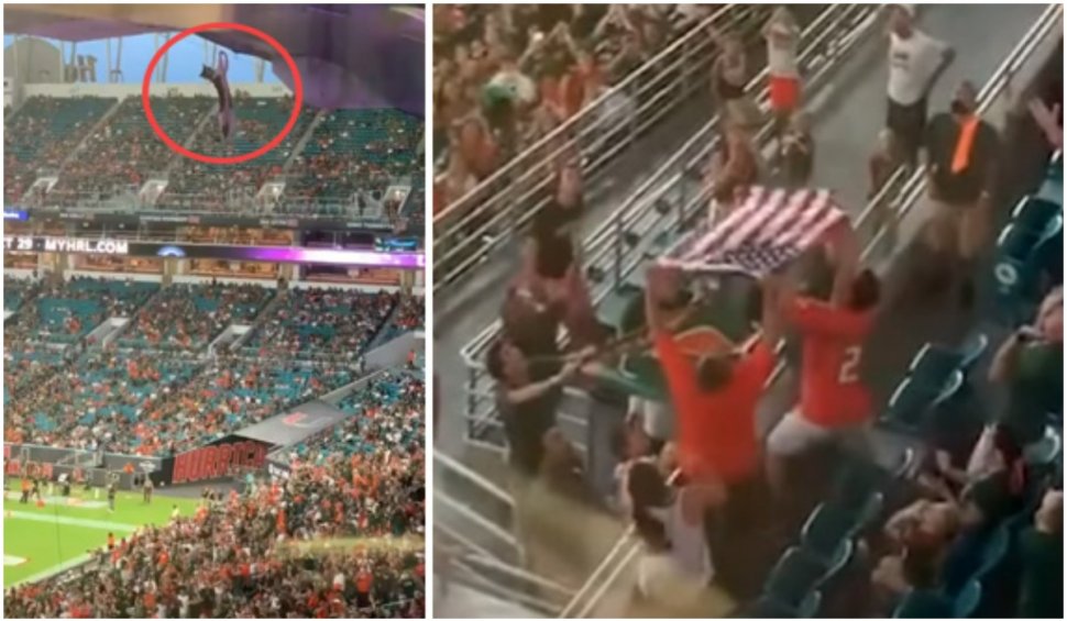O pisică salvată pe un stadion după ce a căzut de la etaj, a devenit celebră pe internet. Ea a fost prinsă în steagul Americii, în uralele spectatorilor ambelor echipe