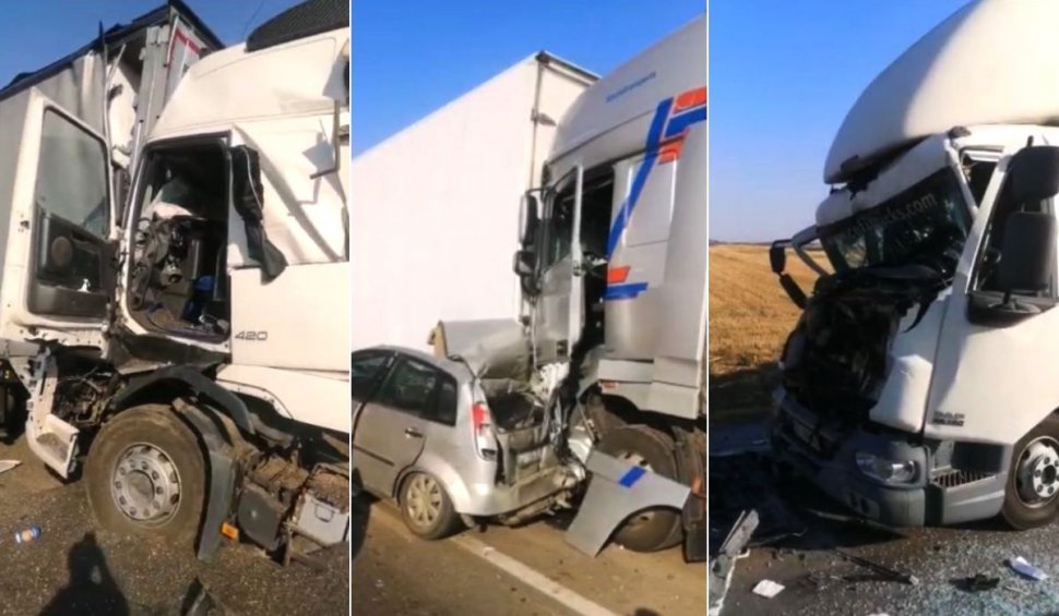 Patru camioane şi un autoturism, strivite într-un grav accident la ieşirea din Balş
