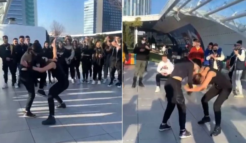 Două fete s-au bătut pe terasa unui mall din Bucureşti, încurajate şi aplaudate de zeci de prieteni şi colegi
