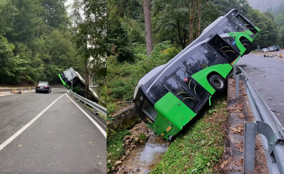 Momente de panică pe o șosea din Brașov. Un autobuz a căzut în șanț, după ce s-a defectat